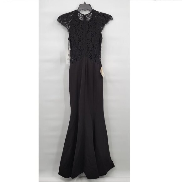 New Fame & Partners Women Black Lace Detail Cap Short Sleeve Mermaid Gown Size 2 - Picture 4 of 12